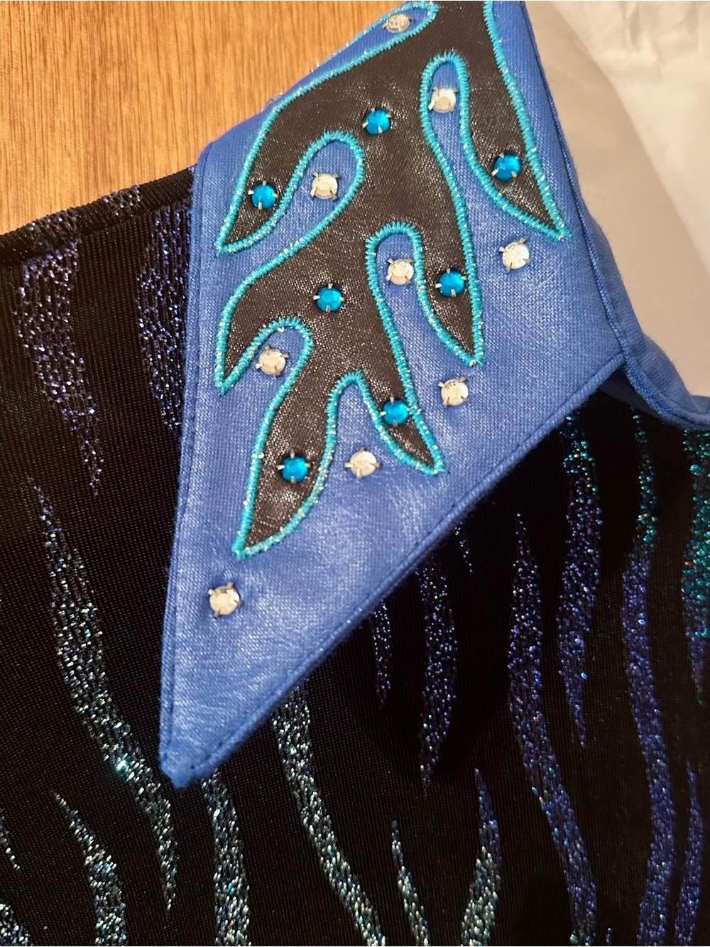 Lightweight Cobalt Blue & Black Embellished Zippered Jacket w/ Decorative Collar - Picture 2 of 6